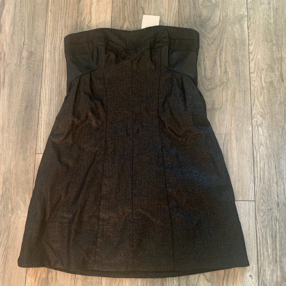 NWT BEBE BLACK STRAPLESS LEATHER & WOOL BLEND LINED DRESS 6